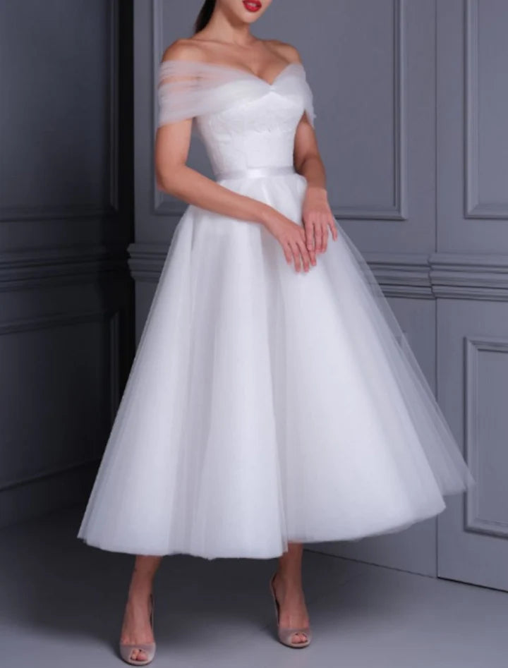 Wholesale Ball Gown Off-The-Shoulder Tea-Length Lace Wedding Dress